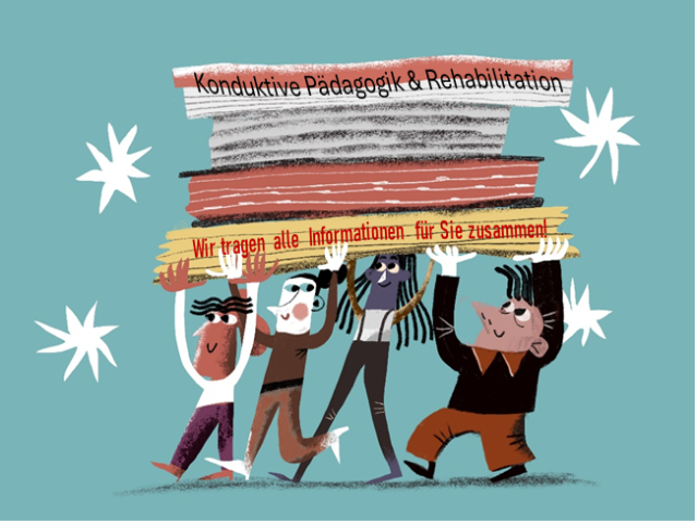 Bild: Vier kleine Männchen halten einen Stapel großer Bücher. Die Inschrift darauf: Konduktive Pädagogik & Rehabilitation; Wir tragen alte alleInformationen für Sie zusammen!
