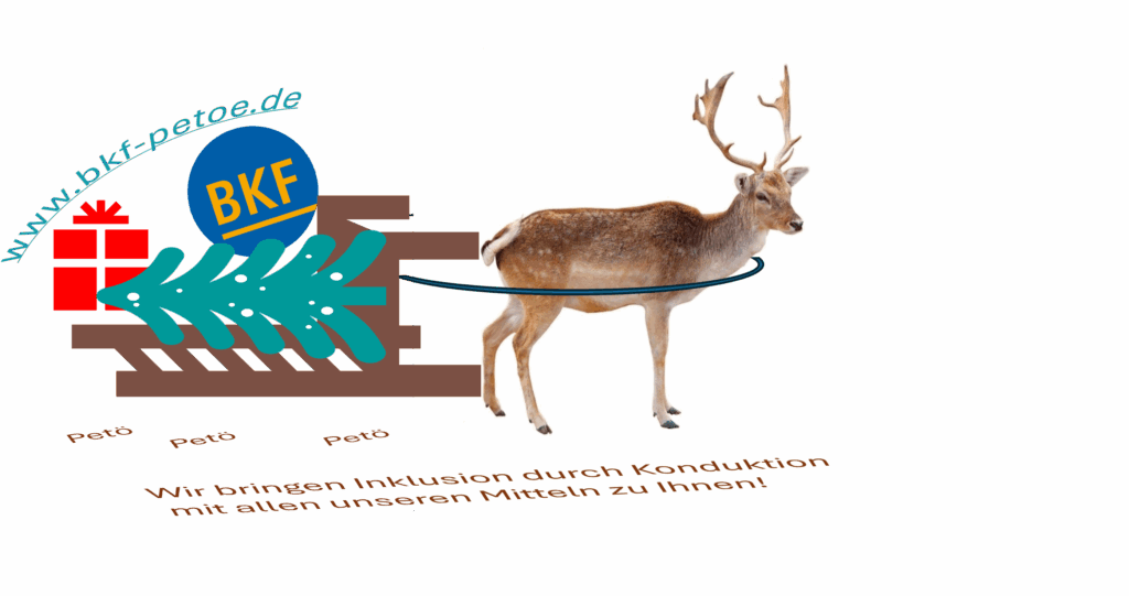 Ein Rentier zieht einen Schlitten mit Geschenken. Unter steht "Wir bringen Inklusion durch Konduktion mit allen unseren Mitteln zu Ihnen!" 