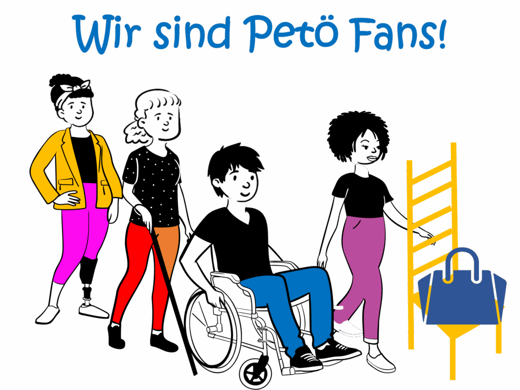 Comic-Illustration: Wir sind Petö Fans! Vier Personen mit verschiedenen Behinderungen schauen zu einem Sprossenstuhl mit blauer Tasche
