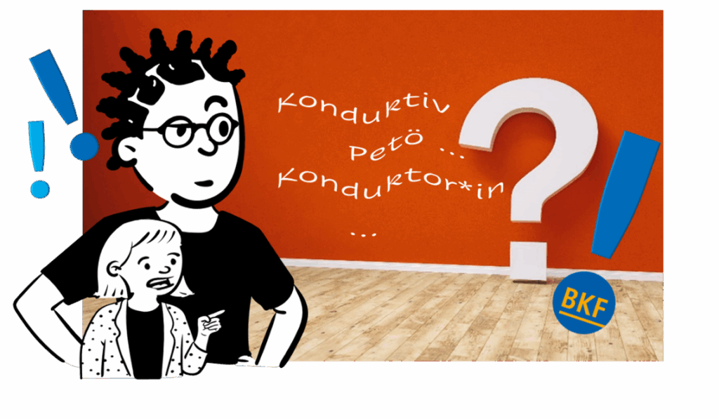 Die Leute schauen auf eine Tafel mit der Aufschrift: Konduktiv Petö... Konduktorin?!